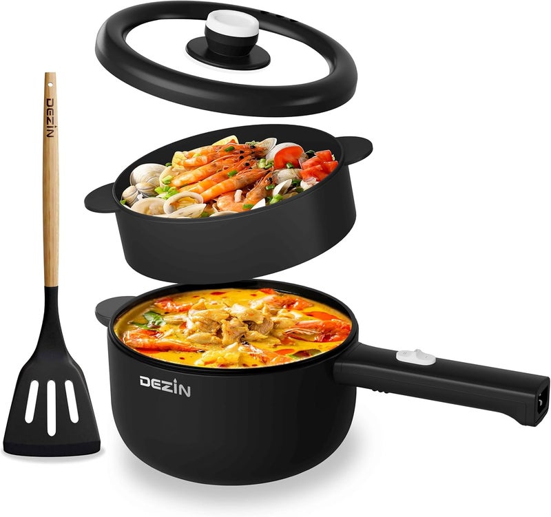 DEZIN Electric Cooker, 2L Non-Stick Sauté Pan, Rapid Noodles Cooker, Mini Pot for Steak, Egg, Fried Rice, Ramen, Oatmeal, Soup with Power Adjustment, College Dorm Room Essential(Egg Rack Included) - Image 1